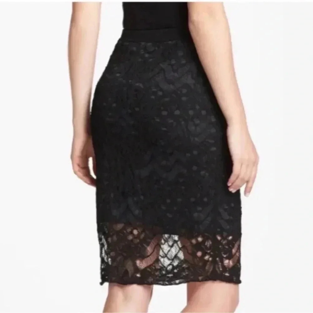 EILEEN FISHER Black Gray Knit Crochet Lace Overlay Straight Pencil Skirt Size XS - Picture 2 of 9